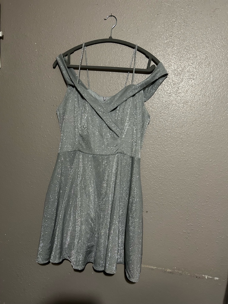 Off-Shoulder Sparkle Mini Dress In Light Silver
